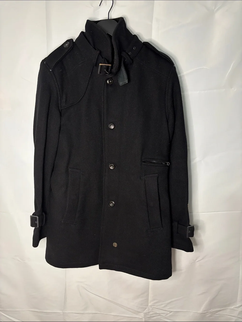 G-Star Black Trench Coat with Stand Collar & Buckle Accents